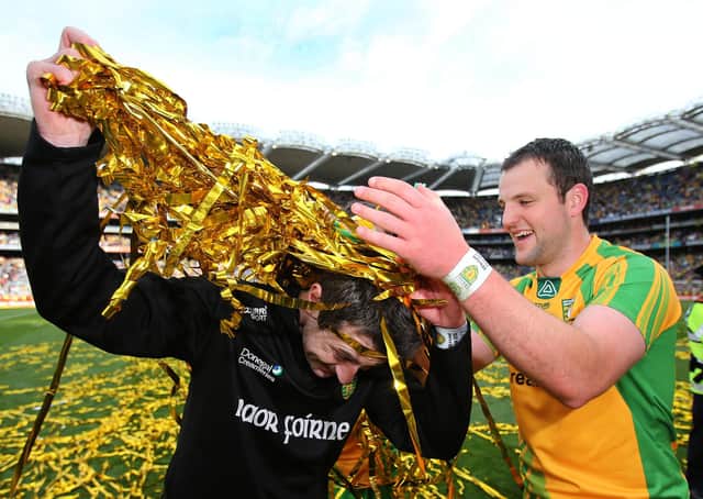 Michael Murphy celebrates Donegal's 2012 All Ireland win with Rory Gallagher. (Photo: Cathal Noonan - Presseye)