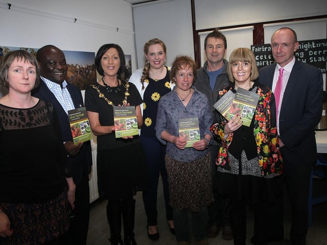 The Mayor of Derry, Councillor Brenda Stevenson pictured at the Fairtrade Fortnight event at Eden Place Arts Centre, Pilot's Row on Friday afternoon, with from left, Judi Logue, Eden Place Arts Centre, Chief Adam Tampuri, Fair Trade, Ghana, Donna McFeely, Foyle Fair Trade, FFT, Rose Kelly, FFT, Jim Keys, FFT, Caroline Murphy, FFT and Paul Rafferty, FFT. DER0915MC110
