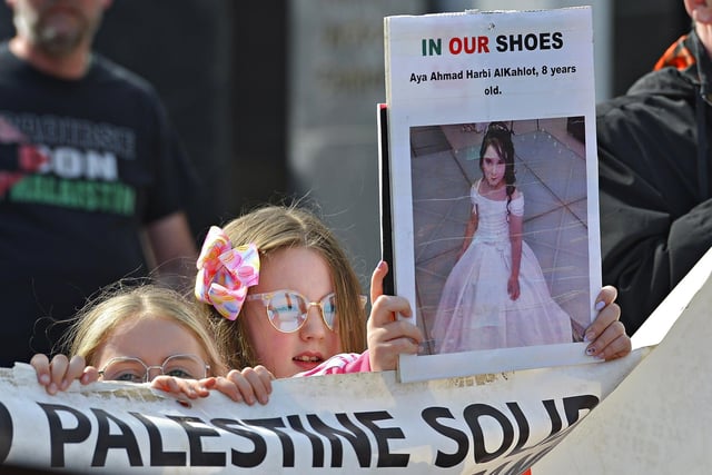 Children carry a photograph of murdered Palestinian girl, 8 years old Aya Ahmad Herbi Alkahlot, at the Freedom for Palestine march and rally held on Saturday afternoon. Photo: George Sweeney