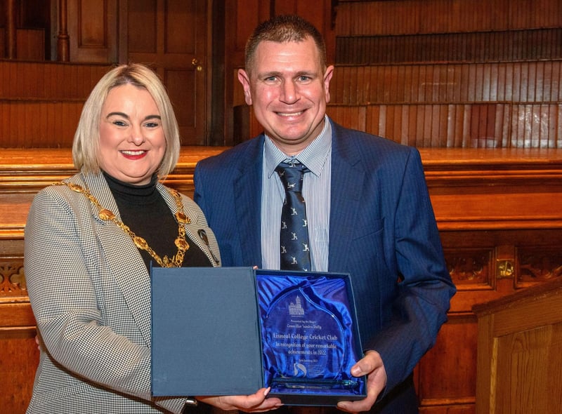 The Mayor Councillor Sandra Duffy welcomed Chris Wilson, Head of Cricket and pupils from Lisneal College to the Guildhall as she recognised the hugely successful cricket teams who claimed four trophies last season including the, U15 Ulster Schools Cup,Under 14 Derriaghy Cup, U13 Slemish Cup, Under 12 Wesley Ferris Cup. Picture Martin McKeown. 26.01.23:.