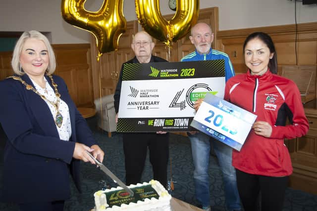 Group pictured at the launch of the Waterside Half Marathon 2023 in the Guildhall on Thursday afternoon last. This is the 40th anniversary of the race that started back in 1981. From left are the Mayor, Sandra Duffy, Dennis McGowan, Gerry Lynch and Catherine Whoriskey. 