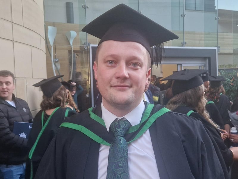 Ryan Doole from Magherfelt, who graduated with a degree in Adult Nursing, said he felt very proud. “At the start of it, I didn’t think I would get here, but now I am very proud of myself,” said Ryan. He added: “It’s not your average degree. All degrees are challenging, but when you are in university studying and then you are going out and doing full-time hours on a ward or in the community, it’s very intense, but it’s very eye-opening. It’s phenomenal, it’s a great profession to be in.” Ryan offered advice to first-year nursing students: “Don’t doubt yourself. There are a lot of people who started our degree who unfortunately didn’t finish it. It was self-doubt. The lecturers we had in Ulster were fantastic, Deirdre O’Donnel especially. It was actually a former lecturer who got me to go on and do the degree, Jacinta Lynch, who is unfortunately no longer with us. Honestly, she was phenomenal.”