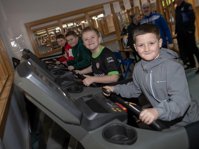 Prospective pupils Conor Meenan, Myles McMenamin, Cian Creagh and Ronan Hegarty try out some of the kit in the PE Department during thier Open Day visit to St. Columb's College on Saturday.
