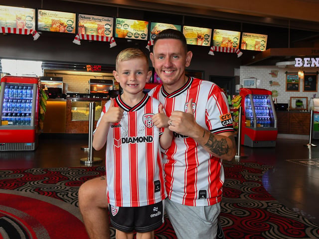 Derry City fans pictured at the Brunswick Moviebowl ahead of the live screening of the candystripes’ Europe Conference League away to FCB Magpies on Thursday evening. Photo: George Sweeney