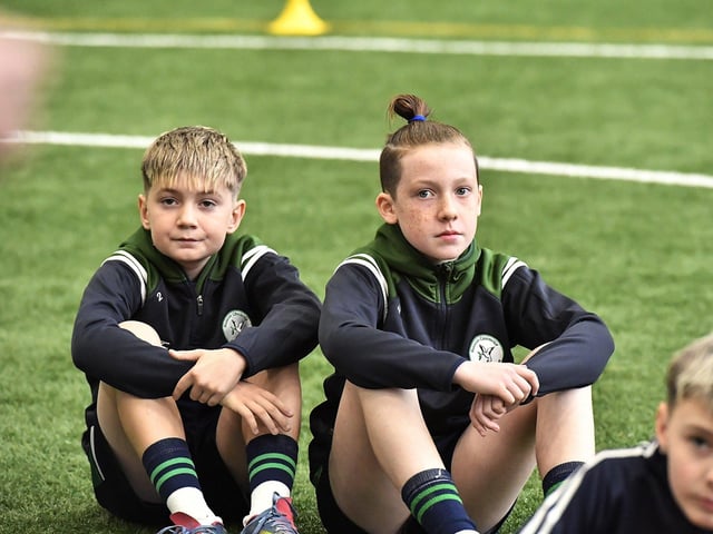 Some of the Primary School pupils who took part in the Cumann na mBunscoil skills test at Sean Dolans GAC on Friday. Photo: George Sweeney