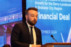Colum Eastwood MP, speaking at the Signing of the Financial Deal for Derry and Strabane region at the Guildhall on Wednesday morning. Photo: George Sweeney