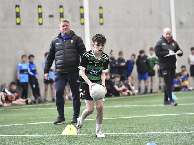 Primary School pupil taking part in the Cumann na mBunscoil skills test at Sean Dolans GAC on Friday. Photo: George Sweeney