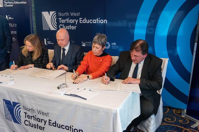 Members of the North West Teritary Education Cluster signing the Memorandum of Understanding at the NW Strategic Growth Partnership meeting this week, from left, Anne McHugh, Chief Executive Donegal Education and Training Board; Professor Paul Bartholomew, Vice Chancellor, UIster University; Dr. Orla Flynn, President, Atlantic Technological University and Leo Murphy, Principal and Chief Executive, North West Regional College.
