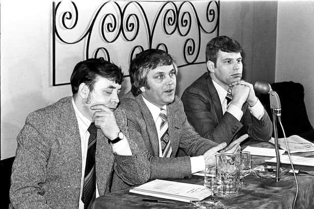 Glen Barr (centre) at an Ulster Defence Association (UDA) press conference with Tommy Lyttle and John McMichael.