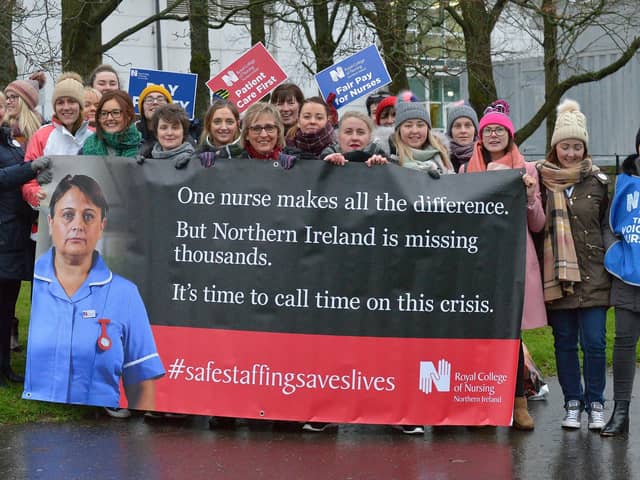 2019: Nurses from the Royal College of Nursing union strike at Altnagelvin Hospital three years ago this week. DER5119GS - 007