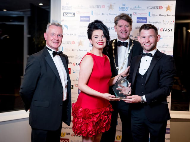 Winners of Retailer of The Year, Kular Fashions, pictured with Hugh Hegarty, Chair of City Centre Initiative; Andrew Fleming, President of Londonderry Chamber of Commerce; and Marc McLaughlin of SmartPay NI who sponsored the award. : .