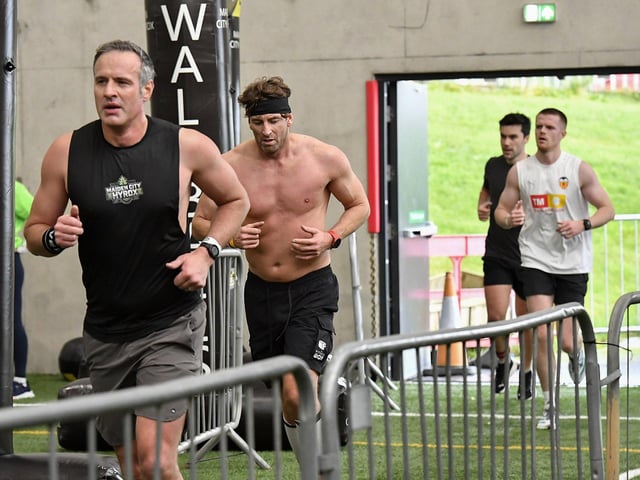 Vinny Sweeney and his doubles partner Ciaran Martyn among competitors taking part in the Maiden City Hyrox V Fitness Challenge held at Sean Dolans GAC on Saturday. Photograph: George Sweeney