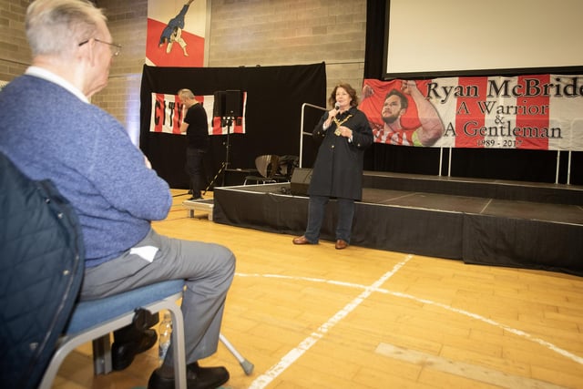 The Mayor Patricia Logue addresses the attendance at Tuesday night's 'City Til I Die' premiere at the Long Tower Youth Club. (Photos: Jim McCafferty Photography)