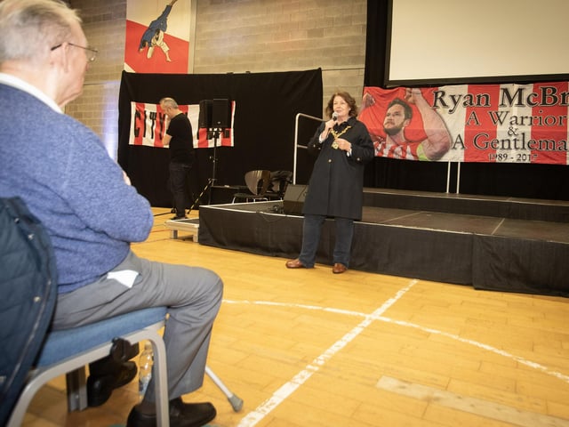 The Mayor Patricia Logue addresses the attendance at Tuesday night's 'City Til I Die' premiere at the Long Tower Youth Club. (Photos: Jim McCafferty Photography)