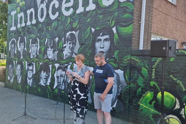 Geraldine Doherty, the niece of Gerald Donaghey, officially launching the new mural.