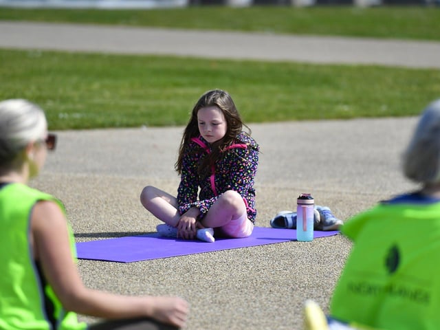 Participant at the Northlands Well Being Yoga event held in Ebrington Square on Saturday morning. The event was part of the Northlands 50th Anniversary Celebrations. Photo: George Sweeney