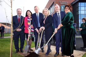 Pictured officially opening the £11million Shared Education Campus in Limavady are (L-R) Principal Limavady High School, Darren Mornin, deputy First Minister, Emma Little-Pengelly, Parliamentary Under Secretary of State at the Northern Ireland Office, Lord Caine, First Minister, Michelle O’Neill, Minister of Education, Paul Givan and Principal St Mary’s, Limavady Rita Moore.