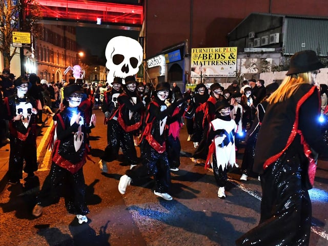 The ‘Carnival of the Dead’ Halloween parade makes its way along Strand Road. Photo: George Sweeney