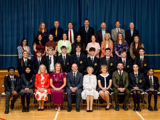 Pupils awarded 1st Place in Subject at GCSE pictured with subject teachers, Dr Marie Ferris (Principal), Mr Emmett Mc Ginley(Board of Governors), Mrs Jacinta Bradley (Vice Chairperson, Board of Governors), Ms Catherine Hughes (Senior Teacher), Mrs Ailish O’Kane (Senior Teacher)& Mr Niall Hanna (Head of Year). Lumen Christi College.