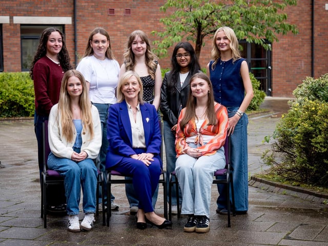 Top Performing Students at A2 Level. Front Row: Orla O’Doherty, Prof Cathy Harrison, Roisin O’Donnell. Back Row: Caoimhe O’Kane, Ellie Owen, Amy Robinson, Helen Simmy, Beth Tinney
