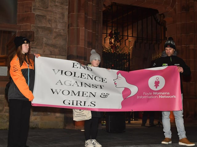 Supporters attend the second annual Reclaim the Night walk, on Saturday evening, from Ebrington Square to Guildhall Square, organised by Foyle Women’s Information Network. Photo: George Sweeney