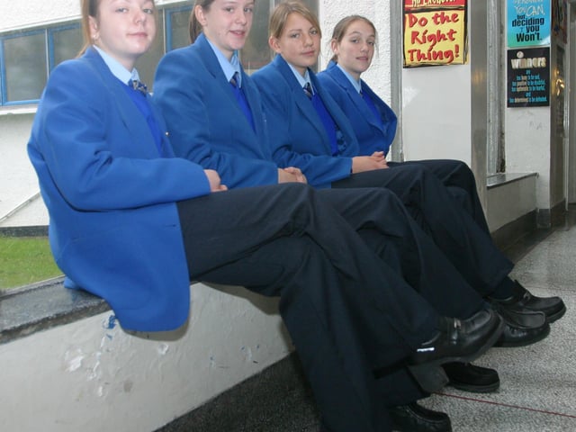 St. Mary'scollege stuents Rachel doherty, Stephanie Barr, Carla Barras and Clare Wilkinson relax in their new regulation uniform trousers. (01JB1010):Derry and Donegal secondary school pupils in October 2003