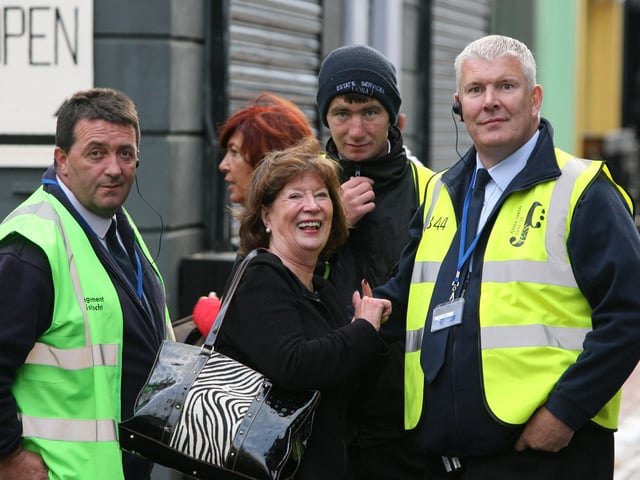 Limavady Councillor Anne Brolly shares a joke with some of the stewards at the opening of the Fleadh in Derry's Guildhall on Sunday afternoon. DER3313JM030