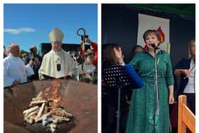 Archbishop Eamon Martin, left, lights the fire previously at Slane and on right, Dana sings 'Light the Fire'.
