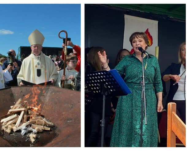 Archbishop Eamon Martin, left, lights the fire previously at Slane and on right, Dana sings 'Light the Fire'.