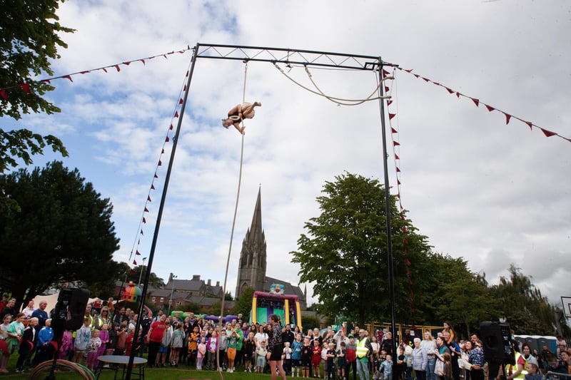 Tina from Tumble Circus performing from a height at Bull Park on Tuesday evening as part of Feile 23 Big Night Out. (Photos: Jim McCafferty Photography)