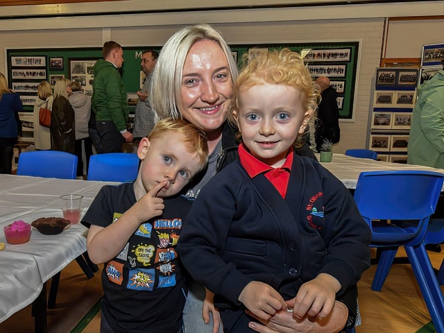 Current pupil Niamh McCallion pictured with her brother Noah and mum Gemma at St Oliver Plunkett’s Primary School’s 50th anniversary celebrations on Thursday evening.
