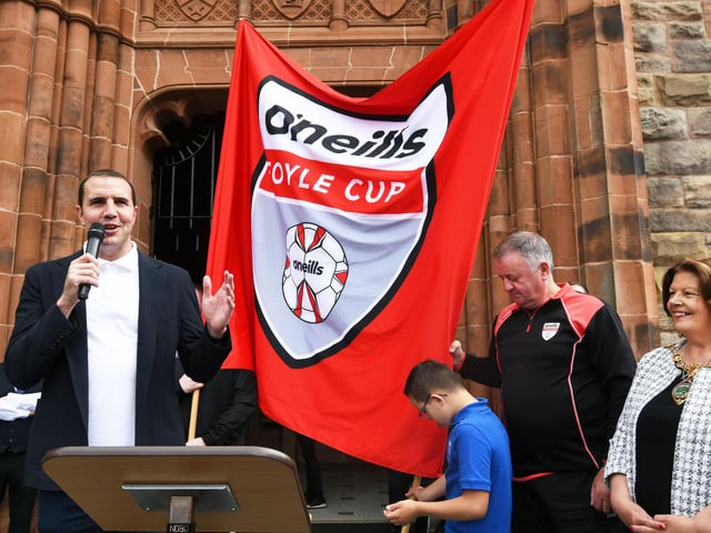 John O'Shea addresses the crowd at Guildhall.