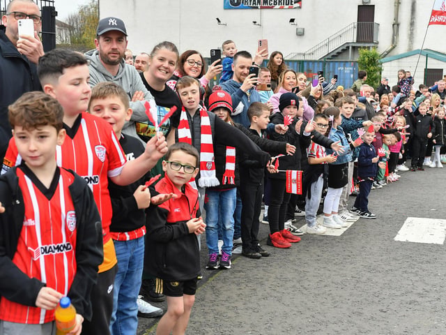 Derry City fans at the Brandywell Stadium on Saturday morning prior to the team’s departure for Dublin ahead of Sunday’s FAI Cup Final against Drogheda United. Photograph: George Sweeney