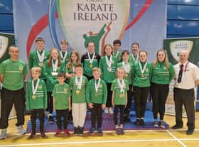 ALL-IRELAND CHAMPIONS: Pictured, from left to right, Martin McCole (Head Kumite Coach), Seamus Gillespie (Instructor), Daniel Moynihan, Caolan Caulfield (Coach), Bebhinn McCole, Patrick Gillespie, Patrick Moynihan, Vanessa Cuffe, Jamie Cuffe, Catriona McKinney, Jack Walker, Lara Walker, Michael Gillespie, Damica Dowds, Harry McDaid Joe McDaid, Aine McCole (Coach), Erin McCole (Coach) and Denis Donaghey (Instructor and WUKF Referee).