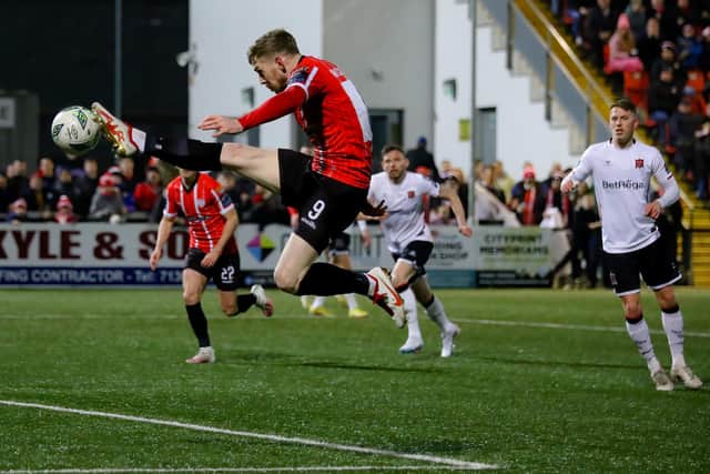 Jamie McGonigle of Derry City is unlucky with this effort in the first half as he stretches to get onto a cross at the back post. Mandatory Credit: Kevin Moore/MCI