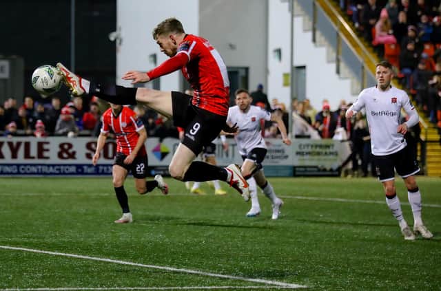 Jamie McGonigle of Derry City is unlucky with this effort in the first half as he stretches to get onto a cross at the back post. Mandatory Credit: Kevin Moore/MCI