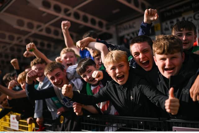 Derry City supporters at The Ryan McBride Brandywell Stadium in Derry. Photo by Ramsey Cardy/Sportsfile