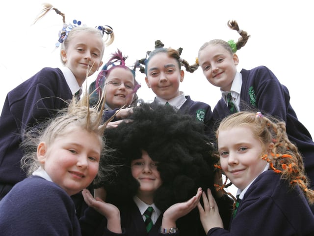 BIG HAIR DAY - Front, from left are Emily McLaughlin, Gemma Henry and Nakita Martin. Back, from left are Lucy Cassidy, Aoibheann Biddle, Gemma Dillon and Lauren Doherty. (1801C09) : St Patrick's Primary School's Bad Hair Day from 2005.