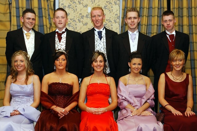 Seated, from left, are Aideen Craig, Rachel Mullan, Klara Davidson, Jenny McClelland and Catherine Donnelly. Standing, from left, are Gareth Doherty, David Carlin, Colm McKeever, Noel Christy and Liam Heffernan. (1611C09) : Students and their guests pictured at the St Columb's College formal back in November 2004.