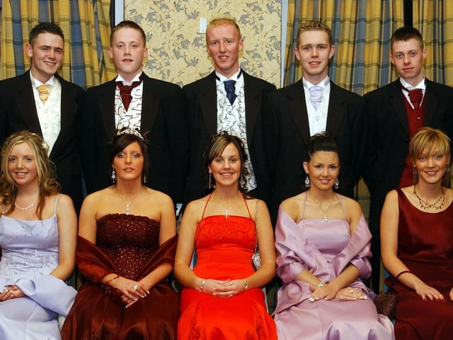 Seated, from left, are Aideen Craig, Rachel Mullan, Klara Davidson, Jenny McClelland and Catherine Donnelly. Standing, from left, are Gareth Doherty, David Carlin, Colm McKeever, Noel Christy and Liam Heffernan. (1611C09) : Students and their guests pictured at the St Columb's College formal back in November 2004.