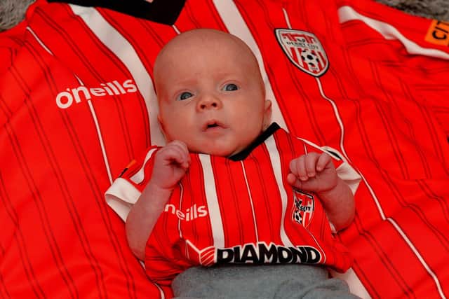 Ten weeks old Jamie Mark McGrath, son of local couple Shaun McGrath and Caoimhe McCallion, has been after Derry City striker Jamie McGonigle. Picture by George Sweeney