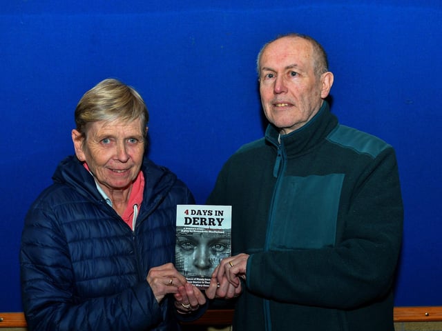 Roslyn and Michael Doyle at the launch of 4 Days in Derry, held in Pilot’s Row Centre. Roslyn is a sister of Kevin McElhinney, murdered on Bloody Sunday. Photo: George Sweeney