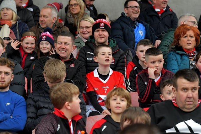 Happy Derry fans in Celtic Park for the game against Dublin. Photo: George Sweeney. DER2309GS – 92
