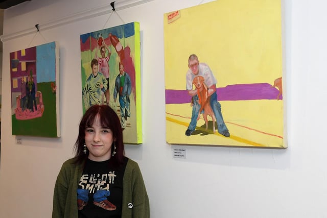 Artist Leona McLaughlin, a past pupil if St Cecilia’s College, pictured alongside some of her work at the launch of the International Women’s Day 2024 Art Exhibition at Eden Arts Place, Pilot’s Row on Thursday afternoon last.  Photo: George Sweeney