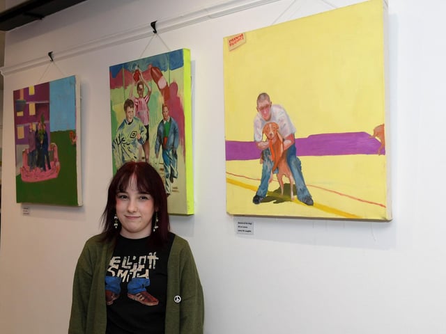 Artist Leona McLaughlin, a past pupil if St Cecilia’s College, pictured alongside some of her work at the launch of the International Women’s Day 2024 Art Exhibition at Eden Arts Place, Pilot’s Row on Thursday afternoon last.  Photo: George Sweeney