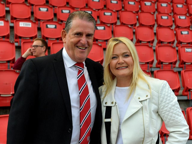 Martin and Pamela Mullan pictured at the Brandywell Stadium for Derry City’s Europa Conference game against KuPs FC on Thursday evening. Photo: George Sweeney. DER2330GS -