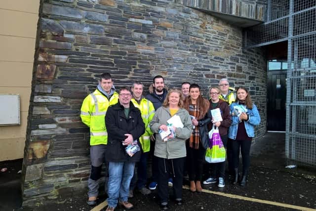 2021: Sinn Féin Councillor  Patricia Logue and James McIvor, DC&SDC join team members ,TRIAX distributing leaflets regarding dog fouling in the Brandywell & Dove Gardens area.