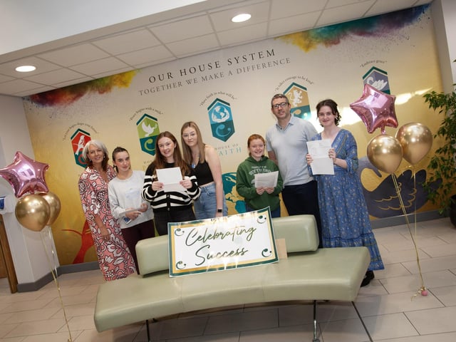 Mrs Mary Jo Carolan, Principal, St. Cecilia's College pictured with A Level students after getting their results on Thursday morning at the school.