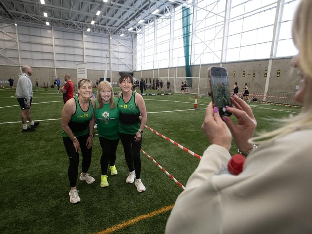 Tri-Rox participants Moira O'Donnell, Marie Gallagher and Sinead Duffy get a photo taken before the start on Sunday.
