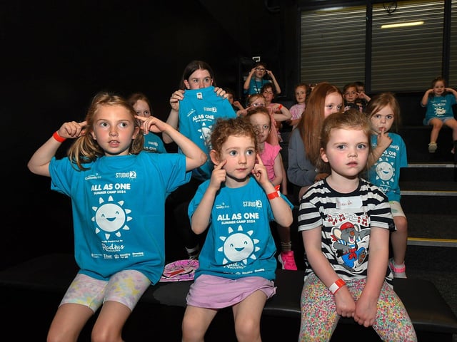 Some of the children and young people from across the community who participated in the week long Good Relations, arts based, Summer Camps held at Studio supported by Radius Housing Association. Photo: George Sweeney